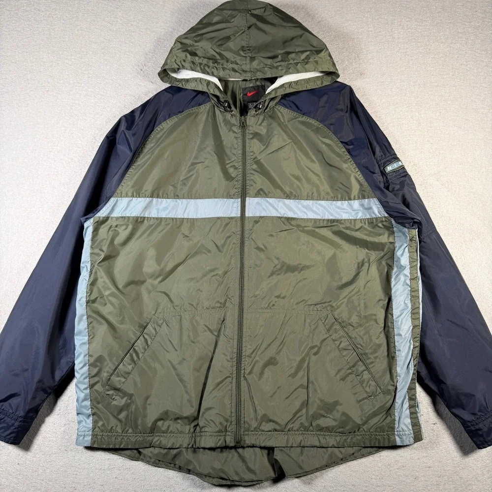 Vintage Nike Windbreaker Jacket‎ Hooded Olive Navy Blue Athletic Mens XL Wind